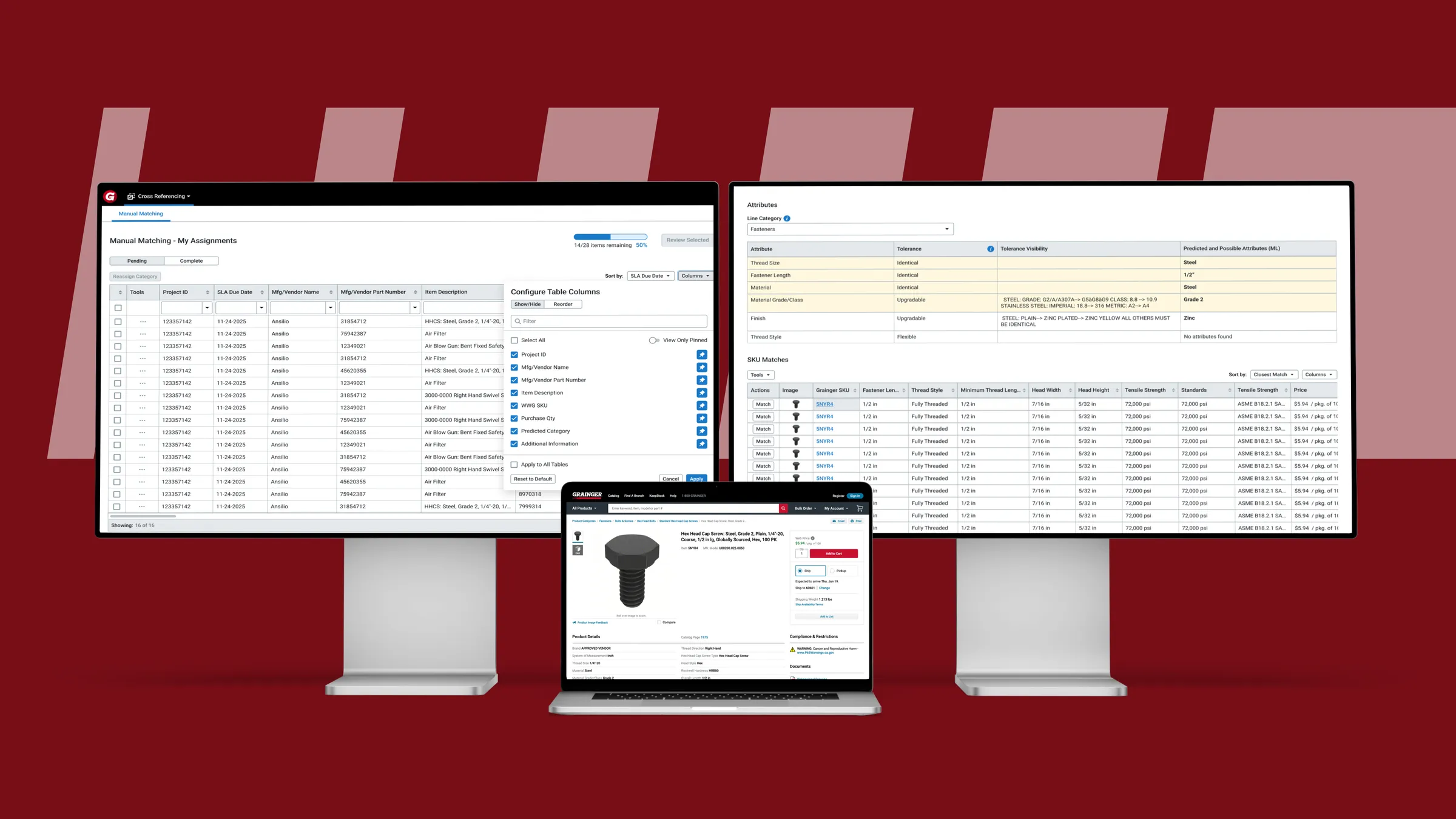 Grainger Cross Referencing on two monitors: the Manual Matching assignment queue, and a fastener's attribute tolerances above its SKU matches, with the matched product page on grainger.com on a laptop in front
