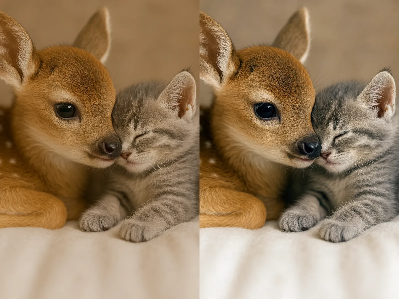 The same AI-generated fawn and kitten twice: ChatGPT's yellow-tinted render on the left, a color-corrected version on the right.