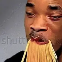 A blurry 240-pixel clip of Will Smith eating spaghetti, his face fusing with the fork, generated by ModelScope in 2023.