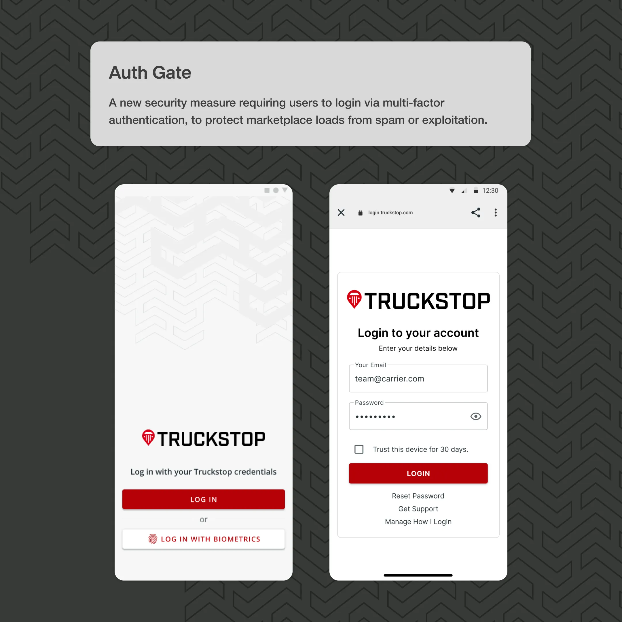 Auth Gate: the Truckstop login screen with biometric sign-in, and the multi-factor login page