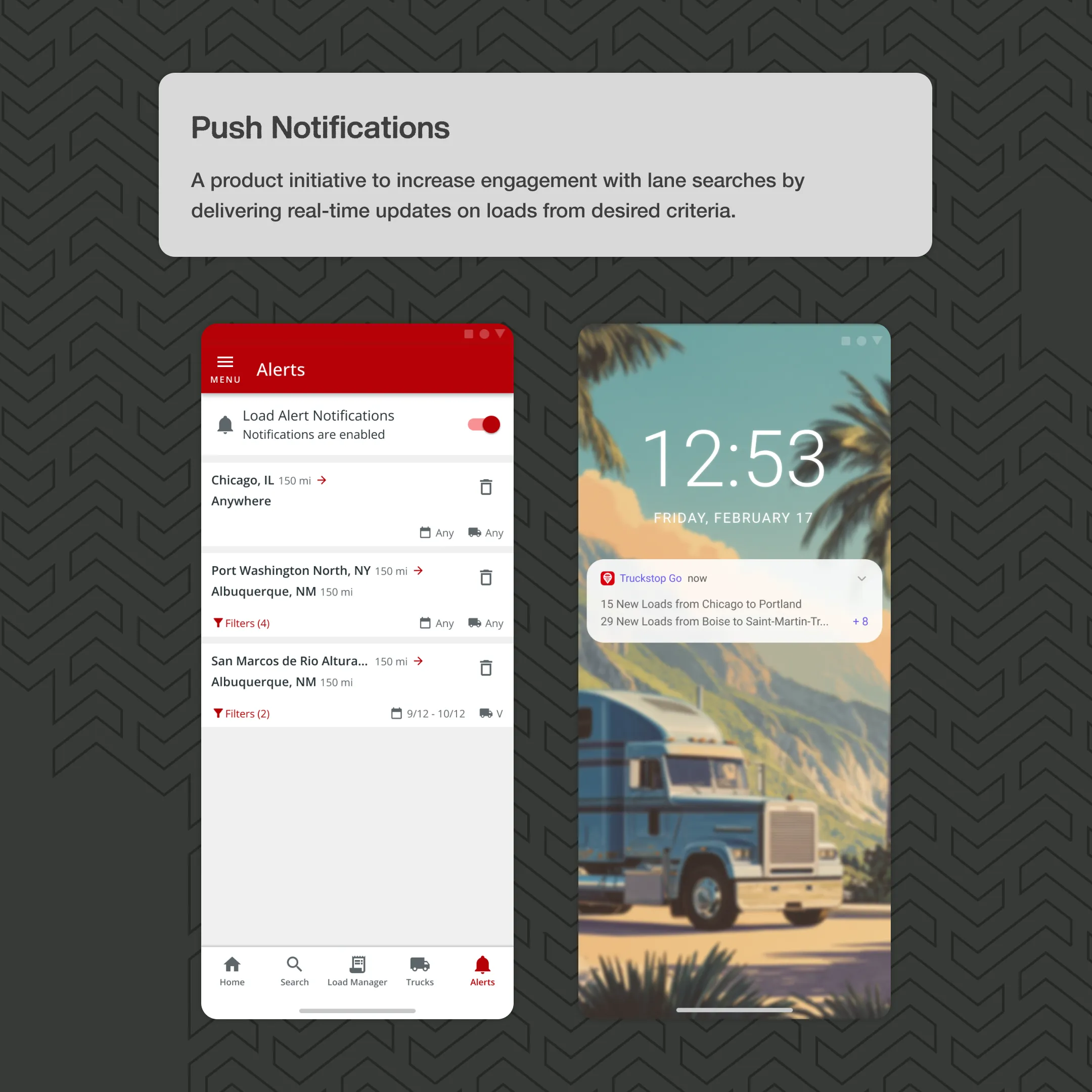 Push notifications: the Alerts screen of saved lane searches, and a lock-screen notification of new loads