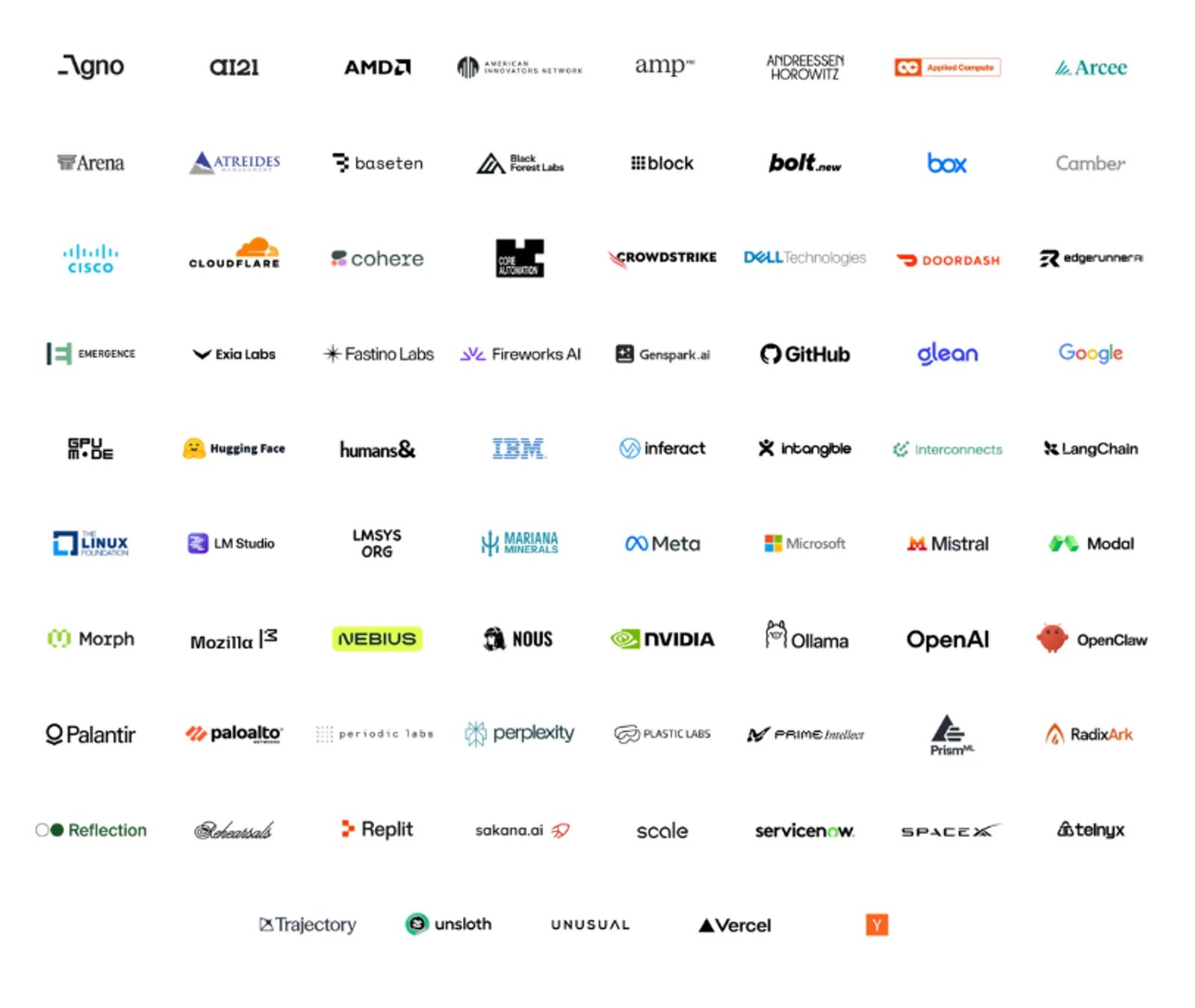 Grid of roughly seventy-five company logos that signed the July 24 open letter on open weights, including Google, Microsoft, OpenAI, NVIDIA, Meta, and IBM