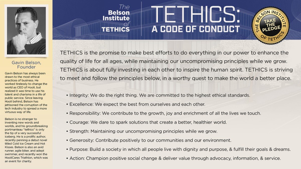 Scene from Silicon Valley showing Gavin Belson discussing Tethics