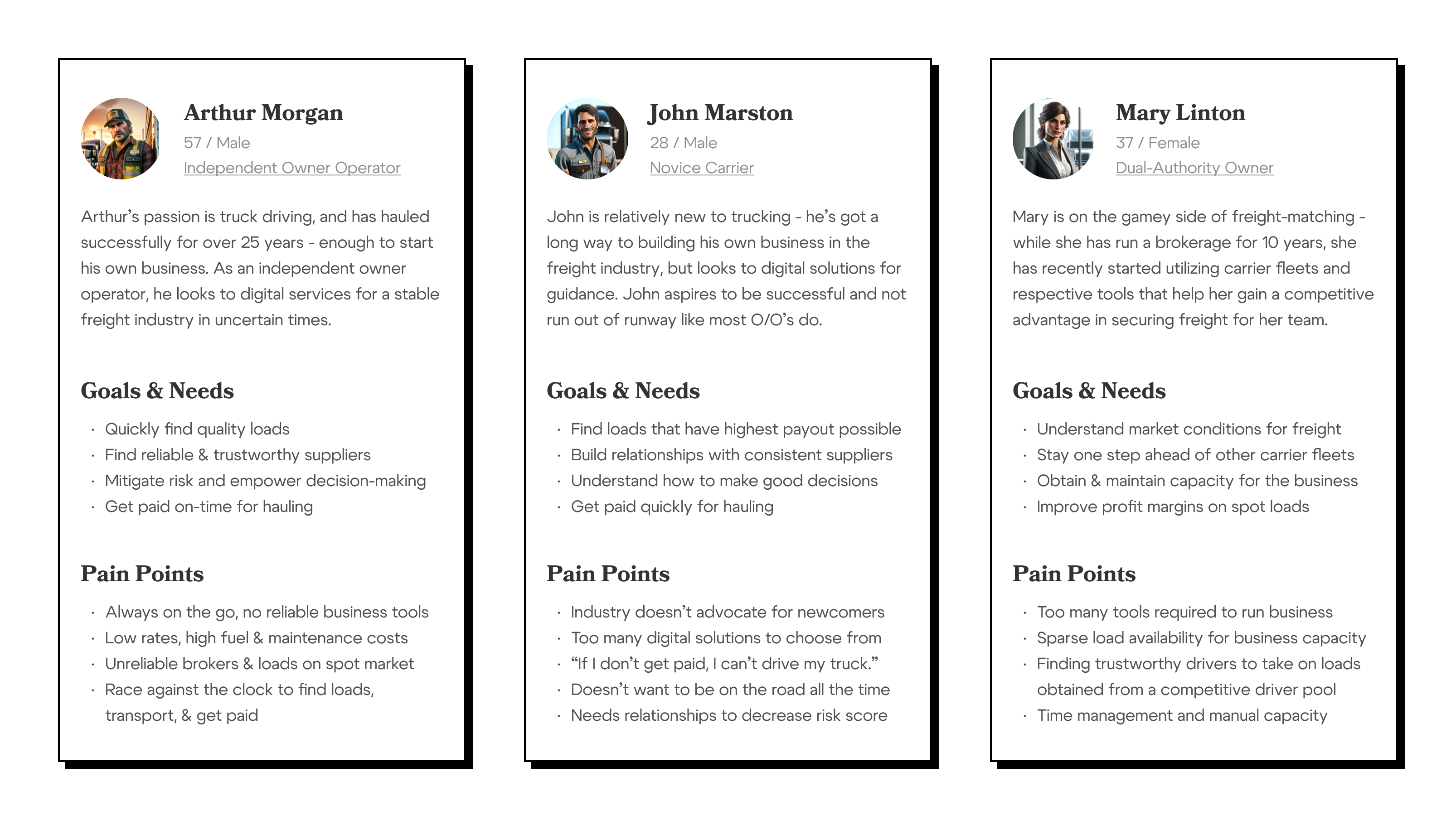User personas diagram showing different trucker roles and characteristics