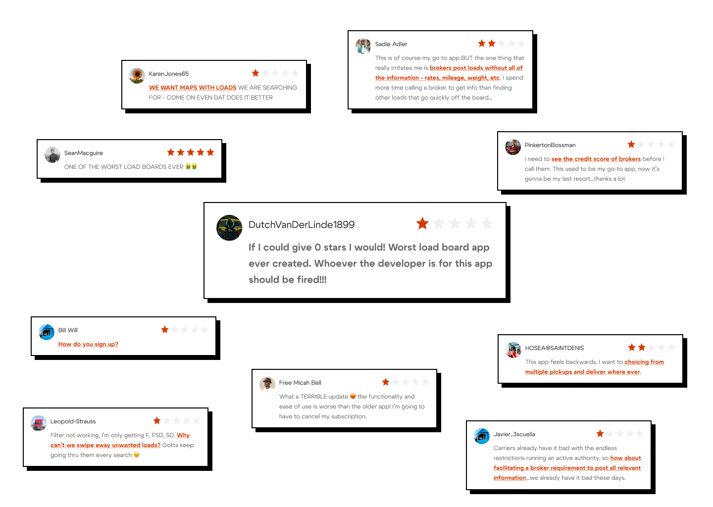 User reviews showing customer feedback and frustrations